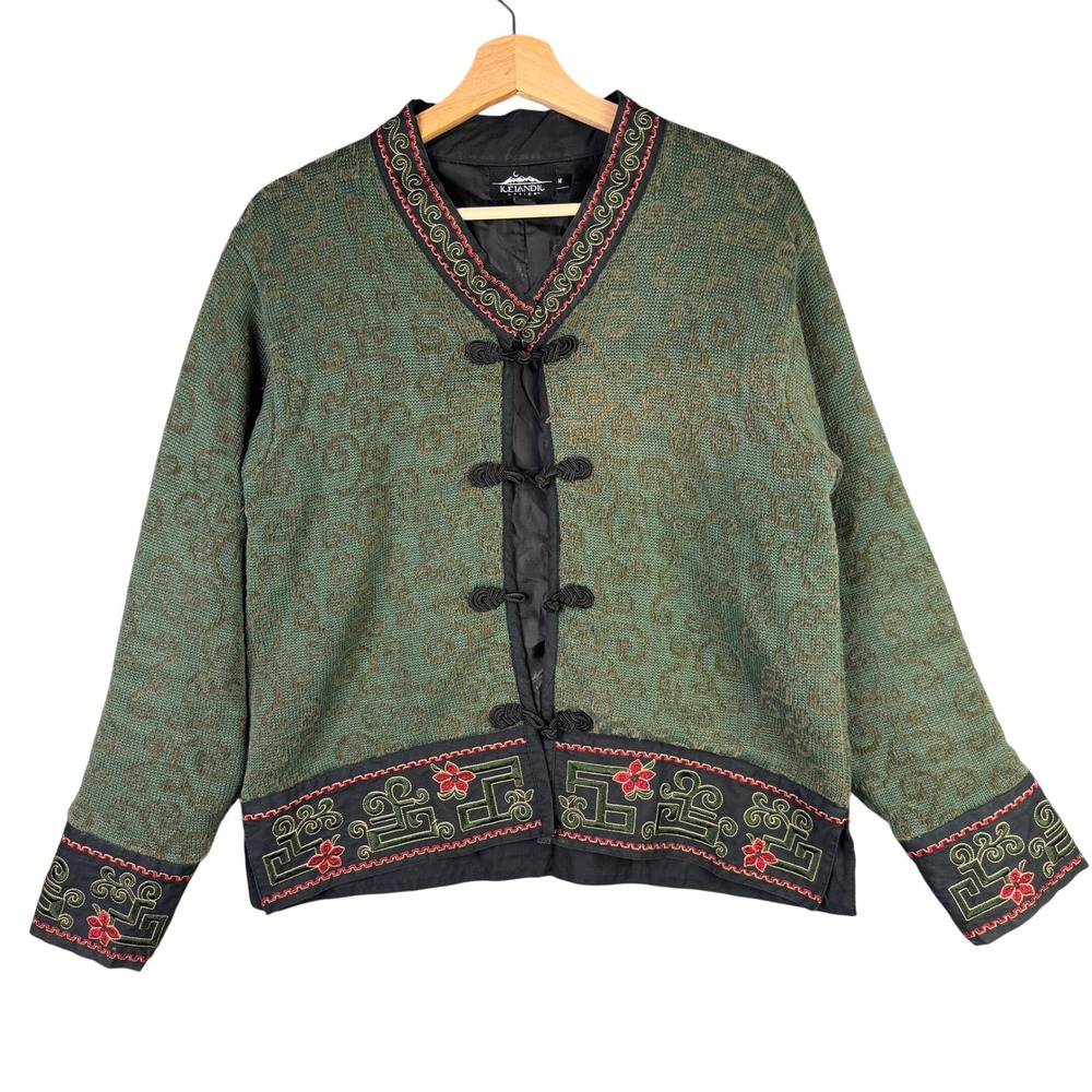 Icelandic Design Green Embroidered Frog Closure Cotton Knit Jacket Womens Medium